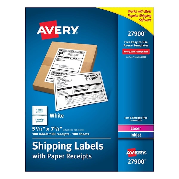 Avery Products White Shipping Labels with Paper Receipts, 4.93 x 6.3 in., 100PK 27900 - main